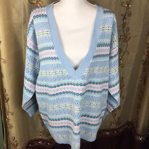 Vintage Amanda Scott Sweater 2X Blue Pink Deep V Neck Preppy